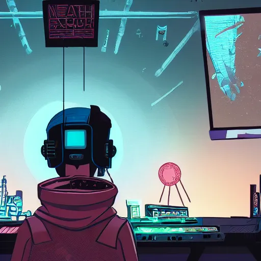 Prompt: in the style of max prentis and deathburger and laurie greasley a young explorer wearing a cyberpunk headpiece playing video games in his treehouse, highly detailed, midnight, 8 k wallpaper