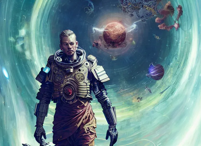 Image similar to joel kinnaman as a warrior surrounded by intergalactic planets connected by streams of magical flow, visually stunning, luxurious, by james jean, jakub rebelka, tran nguyen, peter mohrbacher, yoann lossel, wadim kashin