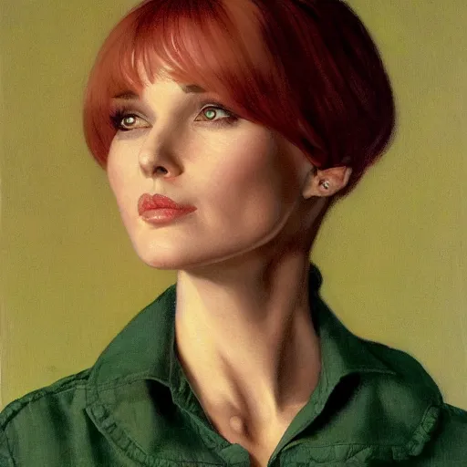 Prompt: portrait of a woman with straight bangs, green eyes, and a sweater over a shirt and tie, by gerald brom and norman rockwell.