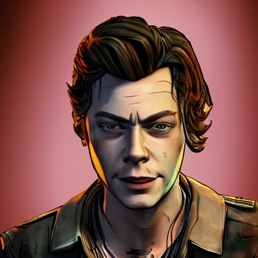 Image similar to harry styles portrait, borderlands, tales from the borderlands, the wolf among us, comic, cinematic lighting, studio quality, 8 k