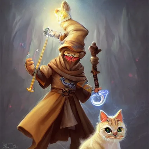 Prompt: cute little anthropomorphic a Maltese Terrier and a tabby cat, wielding a magic staff, tiny, small, short, Wizard robe, cute and adorable, pretty, beautiful, DnD character art portrait, matte fantasy painting, DeviantArt Artstation, by Jason Felix by Steve Argyle by Tyler Jacobson by Peter Mohrbacher, cinema