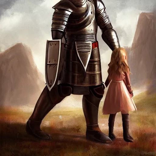 Image similar to knight with shield protecting little girl, picture by leonardo davinchi, artstation, higly detailed, amazing, majestic, artstation featured