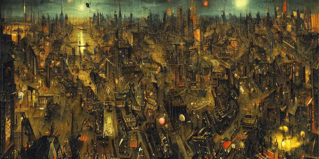 Image similar to view of a crowded cyberpunk city at night painted by hieronymus bosch, highly detailed, intricate, cyberpunk, colourful, night time, art by hieronymus bosch