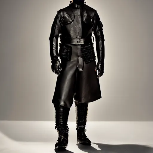 Image similar to an award - winning editorial photo of a male model wearing a baggy designer medieval cropped leather menswear jacket by alexander mcqueen, 4 k, studio lighting