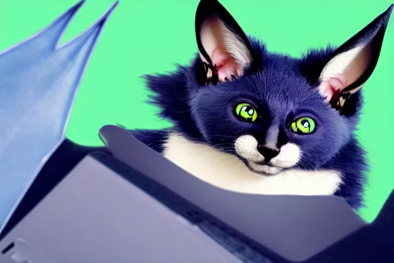 Image similar to a blue - and - black male heterochromatic catbat fursona with blue / green heterochromatic eyes ( differently - colored eyes, one green, one blue ) and huge bat ears, photo of the catbat streaming on his computer