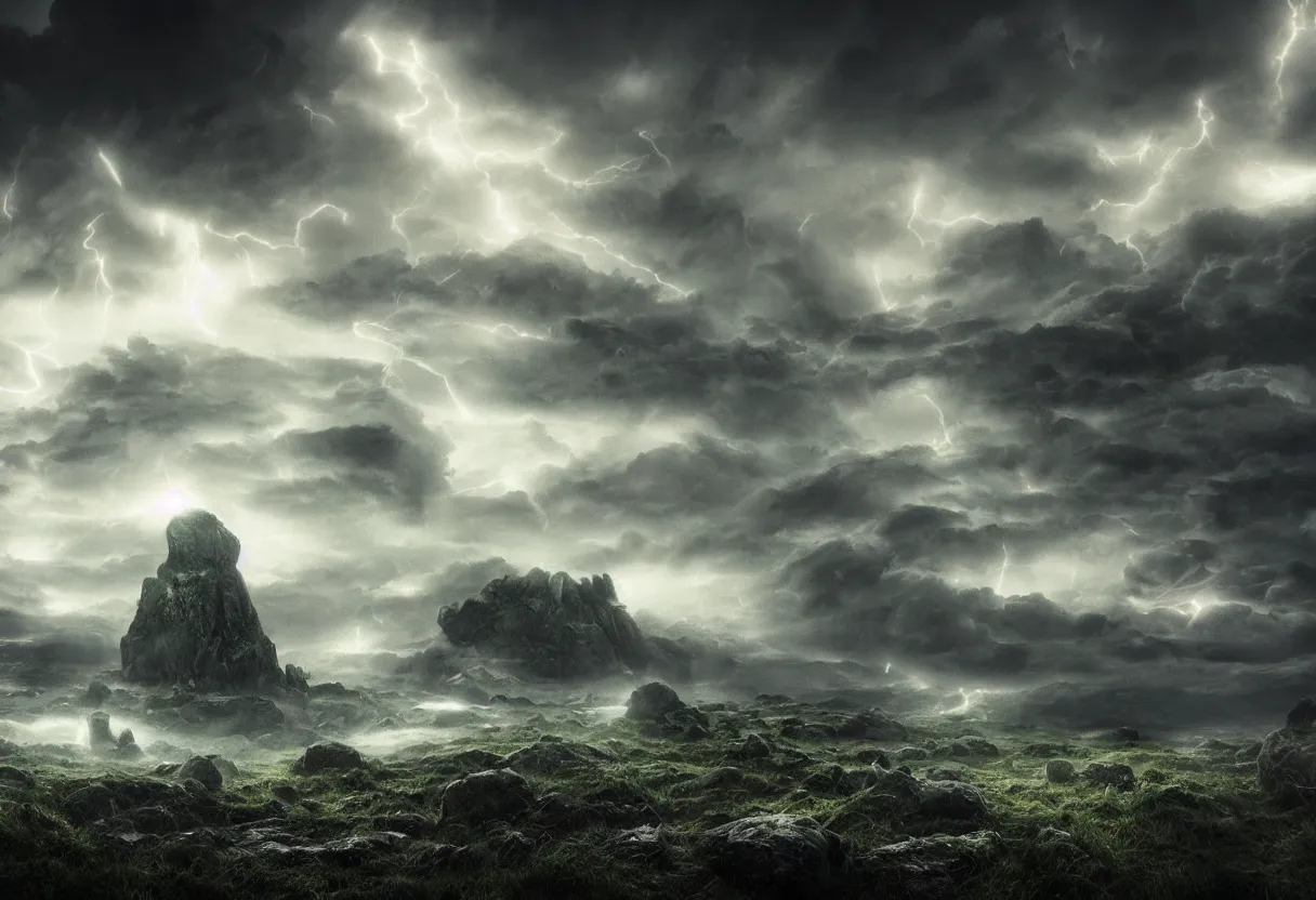 Image similar to Photorealistic epic misty landscape with magical floating rocks, psychedelic glowing runes, stones falling from the sky, with ominous storm clouds, a gentle rising mist. occult photorealism, UHD, amazing depth, cinematic lighting, epic scale, glowing rich colors, powerful imagery, concept art
