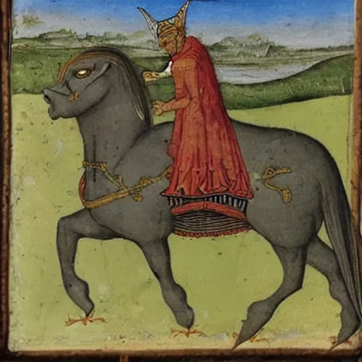 Image similar to knight riding on lizard, medieval painting