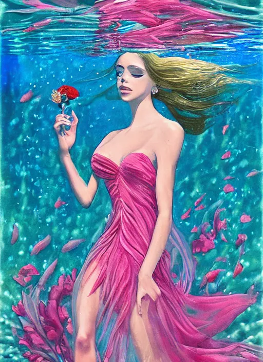 Prompt: long and wide feminine dress underwater together with some flowers, by art kane