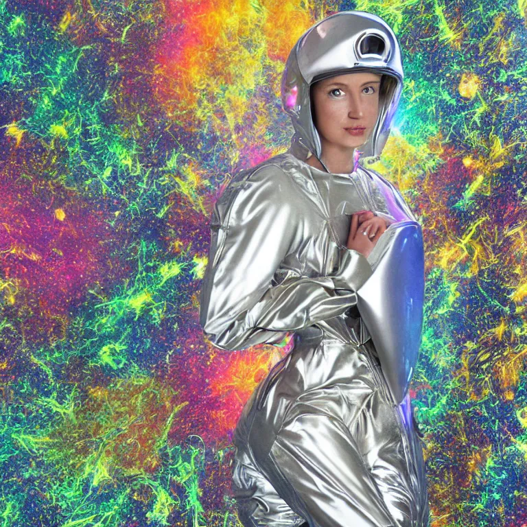 Image similar to octane render portrait by wayne barlow and carlo crivelli and glenn fabry, subject is a woman covered in tie - dye aluminum foil space suit with a colorful metallic space helmet, surrounded by alien plants, cinema 4 d, ray traced lighting, very short depth of field, bokeh