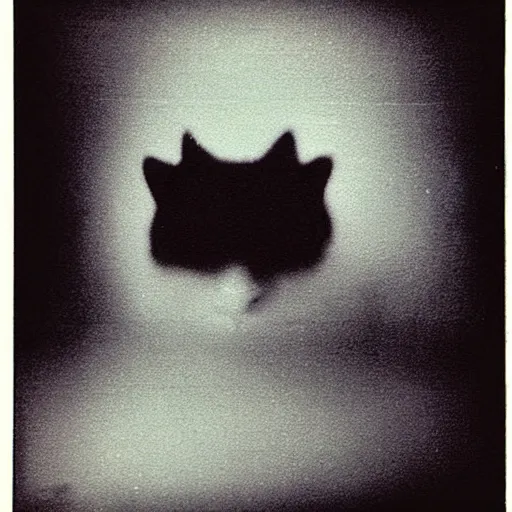 Prompt: black cloudy shadow in a cat shape, very blurry, mystical, misty, dreamy, shadow polaroid photo, by Warhol