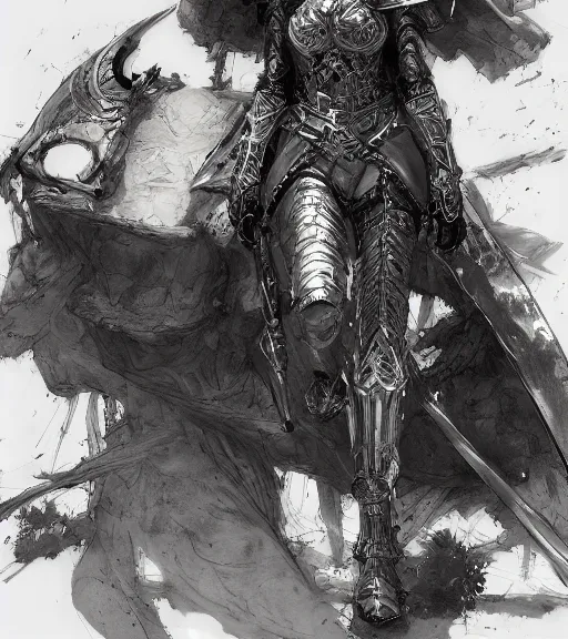 Image similar to anime woman in armor, pen and ink, intricate line drawings, by craig mullins, ruan jia, kentaro miura, greg rutkowski, loundraw