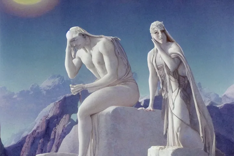 Image similar to The frozen God still couchant on the earth, and the sad Goddess weeping at his feet- until at length old Saturn lifted up his faded eyes, and saw his kingdom gone, and all the gloom and sorrow of the place, and that fair kneeling Goddess, matte painting by Maxfield Parrish