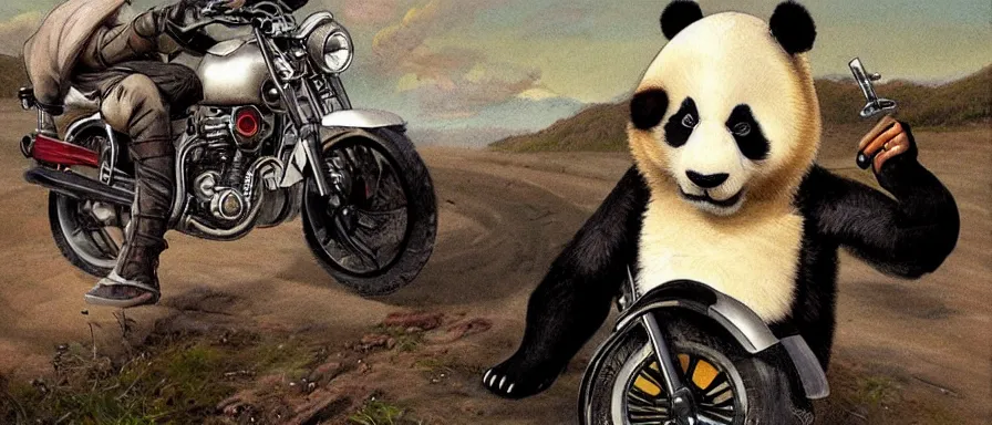 Prompt: Panda rides a motorcycle. Happy. Art by Augustus Edwin Mulready. Extremely detailed. Award winning.