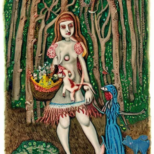 Image similar to In the photograph Vasilisa can be seen standing in the forest, surrounded by animals. She is holding a basket of flowers in one hand and a spindle in the other. Her face is turned towards the viewer, with a gentle expression. In the background, the forest is depicted as a dark and mysterious place. by Jean Dubuffet, by Kevin Sloan dynamic, geometric