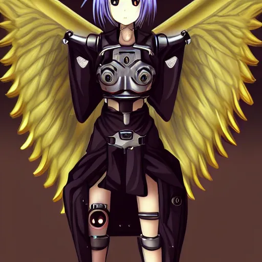 Image similar to full body, gorgeous small female android cyborg - angel large angelic wings, left eye gold and right eye silver, cyberpunk - anime art