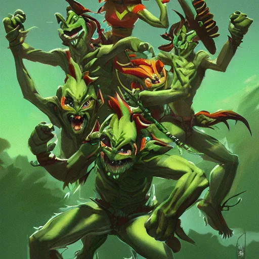 Image similar to a pack of green goblins doing the dance of pain, a fantasy art, hd, trending on artstation, by rhands, makoto shinkai, ilya kuvshinov