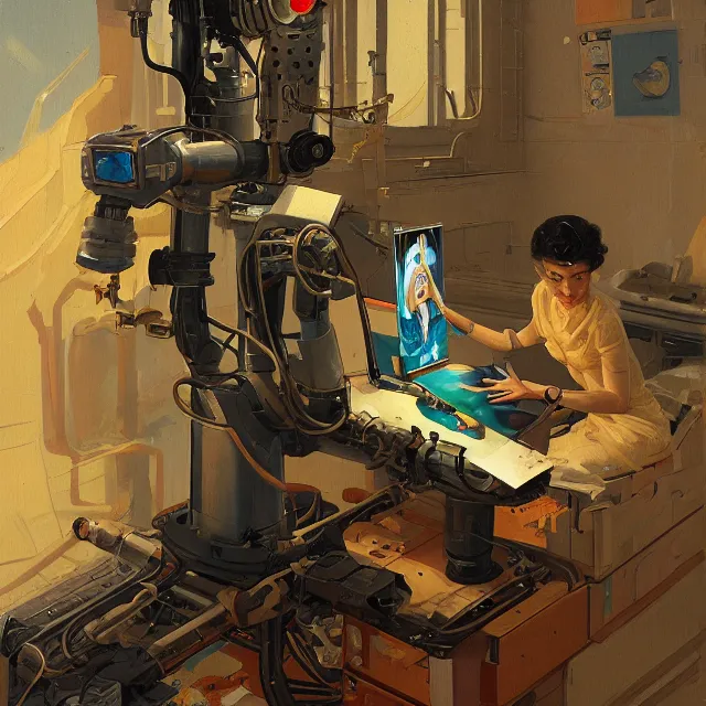 Prompt: robot artist painting a self - portrait on a canvas. intricate, highly detailed, digital matte painting, in the style of alexandros pyromallis, and in the style of sachin teng, and in the style of hans thoma, and in the style of gil elvgren. irony, recursion, inspiration, retrofuturistic.