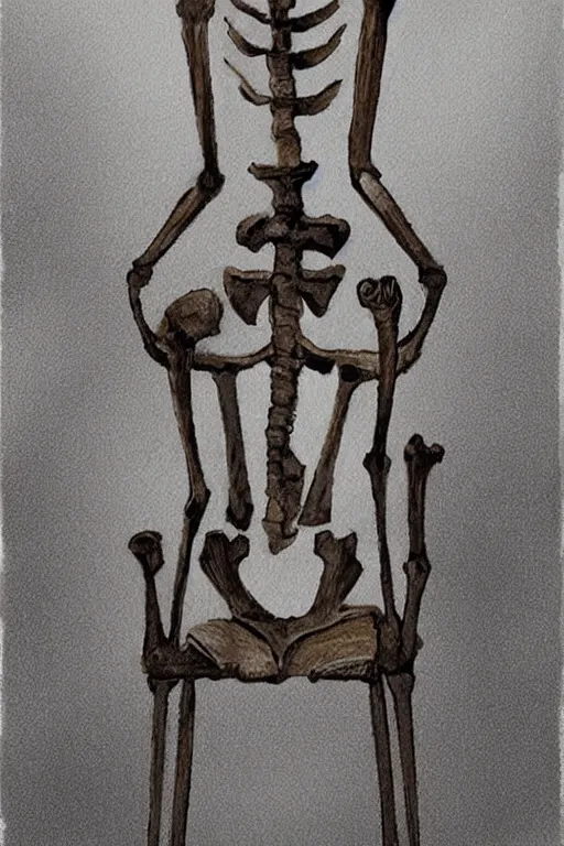 Image similar to The skeleton sits on a chair, in the style of Vince Locke