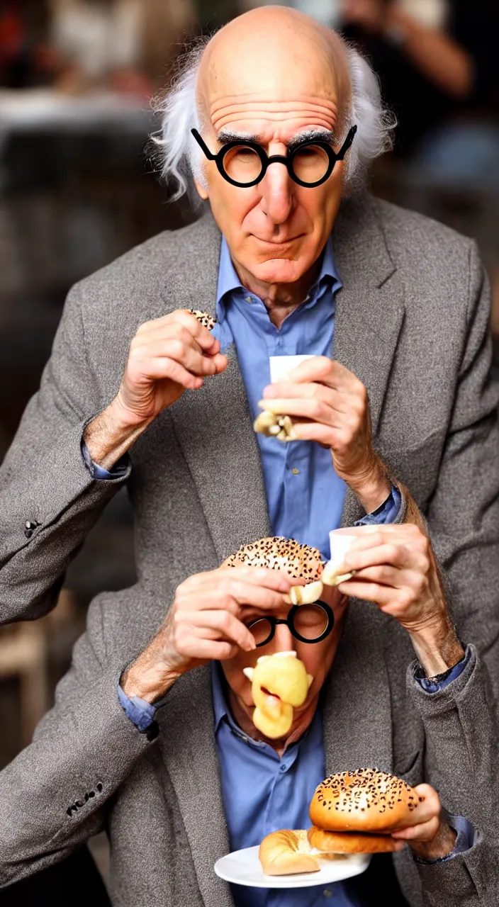 Prompt: larry david eating a bagel in the style of salvador dali hyper realistic, 8 k, hd