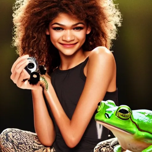 Prompt: ZENDAYA WITH A FROG'S BODY, frog arms frog legs frog torso frog spots, 4k PHOTOGRAPHY ,