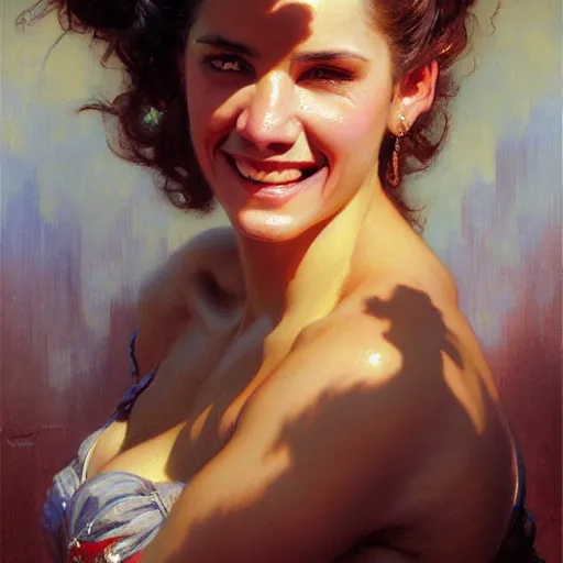 Prompt: a portrait of a pitbull woman hybrid smiling at the viewer. highly detailed painting by gaston bussiere, craig mullins, j. c. leyendecker 8 k