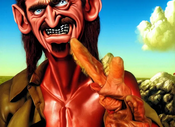 Image similar to barry chuckle demigod, universal reign, artwork by richard corben, 3 d, high resolution 8 k