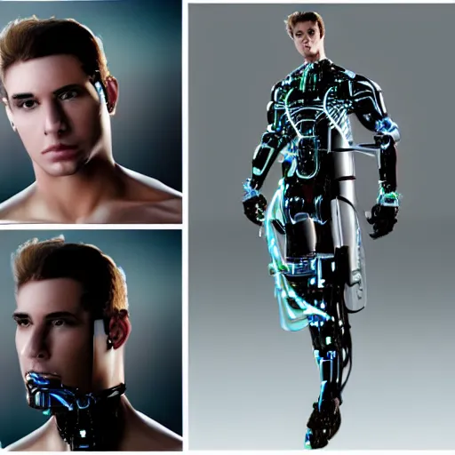 Prompt: a handsome hunky young man with elegant cybernetic enhancements