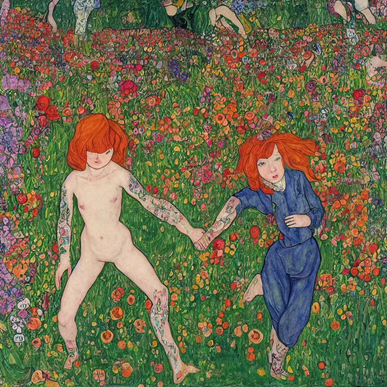 Image similar to a ginger girl with a pixie cut and covered in tattoos dancing by the riverside in a garden full of huge flowers by tivadar csontvary kosztka and egon schiele