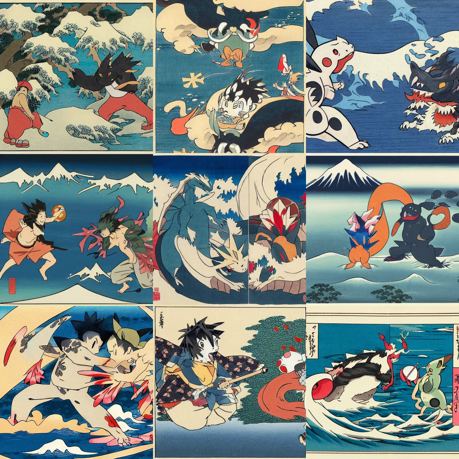 Prompt: a Pokemon fight in the style of Hokusai