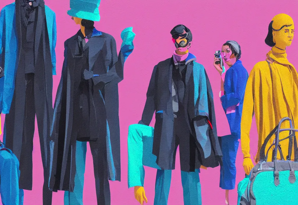 Image similar to full body portrait of a trio of young fashionable european tourists long pattern coat travel apparel, with nikon cameras, sightseeing various poses shooting photos, character designs painting, in the style of wes anderson, rene magritte, lola dupre, david hockney, isolated on white background, dark monochrome neon spraypaint accents volumetric octane render