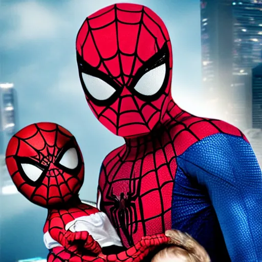 Prompt: realistic photo of spiderman holding baby wearing spiderman costumes, an film still