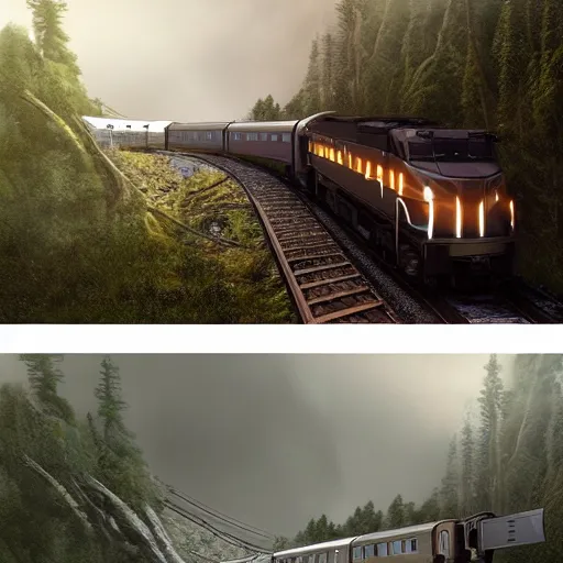 Prompt: a train moving at high speed heading into the tunnel of a tall mountain surrounded by forest on a rainy day at dusk, people are fighting on top of the train, concept art, digital art, matte painting, artstation, art by artgerm and greg rutkowski and alphonse mucha, highly detailed, intricate, octane render, 8 k, unreal engine