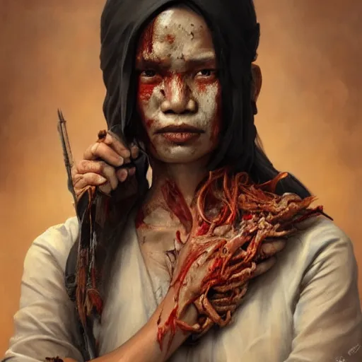Image similar to portrait painting of a bloodied north indonesian female butcher, ultra realistic, concept art, intricate details, eerie, highly detailed, photorealistic, octane render, 8 k, unreal engine. art by artgerm and greg rutkowski and alphonse mucha