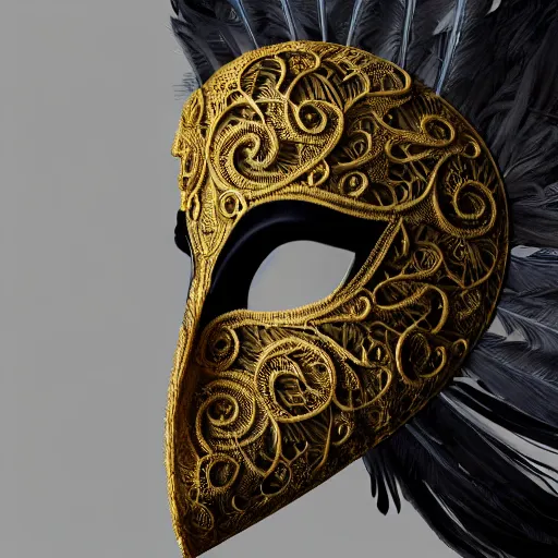 Image similar to an elaborate intricate mask made of feathers in swirling wind, rendered in octane, behance hd, bokeh backdrop