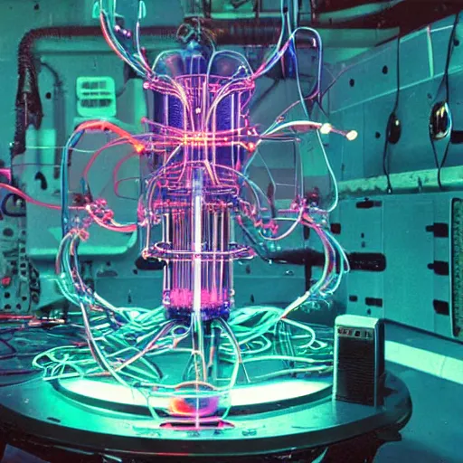 Prompt: 1995 photograph of a bizarre and complicated futuristic cyberpunk machine made of tesla coils and nixie tubes and vacuum tubes and plasma balls, concept art, electrical resonant transformer circuits, glowing teal and purple and red, Van de Graaff, highly detailed