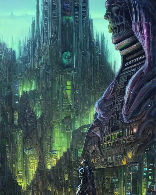 Image similar to dr. doom in a scifi city, by antonio j. manzanedo, giger, alex grey, android jones, wayne barlowe, philippe druillet, raymond swanland, cyril rolando, josephine wall, harumi hironaka, trending on artstation