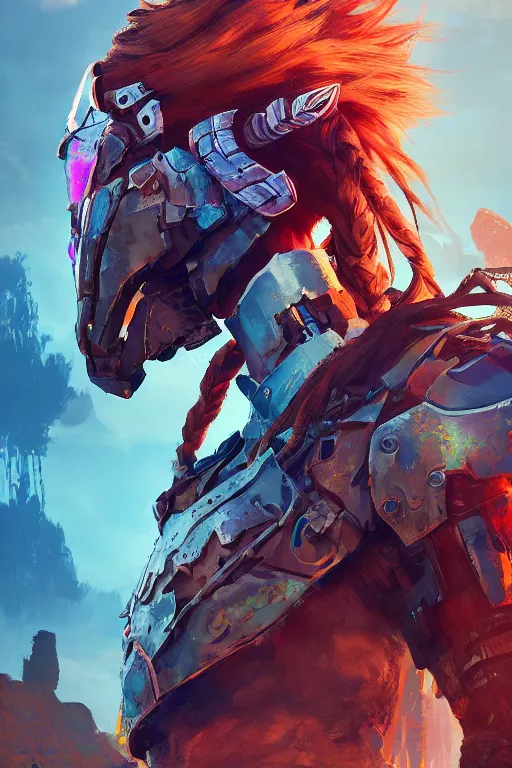 Image similar to combination suit armor aloy horizon forbidden west horizon zero dawn radiating a glowing aura global illumination ray tracing hdr fanart arstation by ian pesty and alena aenami artworks in 4 k tribal robot ninja mask helmet backpack