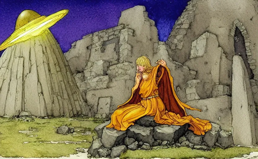 Prompt: a realistic and atmospheric watercolour fantasy concept art of a golden ufo landing on top of a megalithic ruin. female medieval monk in grey robes kneeling with her hands by her sides. by rebecca guay, michael kaluta, charles vess and jean moebius giraud