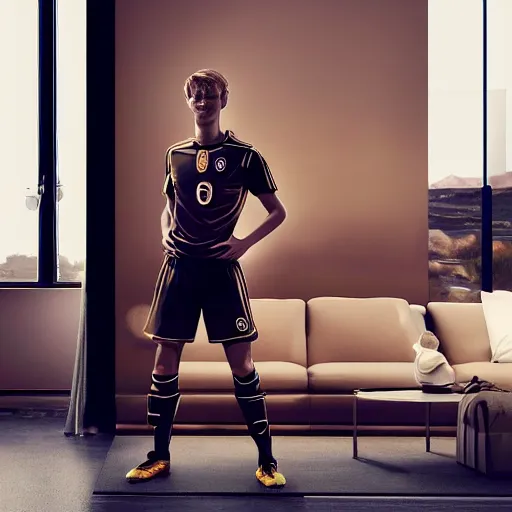 Image similar to a realistic detailed photo of a guy who is an attractive humanoid who is half robot and half humanoid, who is a male android, soccer player martin ødegaard, shiny skin, posing like a statue, blank stare, in a living room, on display, showing off his muscles, gold soccer shorts, side view