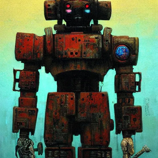 Image similar to rusty and old samurai robot, beksinski and cyberpunk 2 0 7 7 style painting,