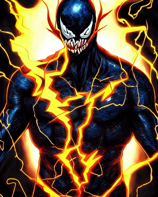 Image similar to venom as the flash, dynamic lighting, fantasy concept art, trending on art station, stunning visuals, creative, cinematic, ultra detailed, terrifying, black lightning, comic strip style