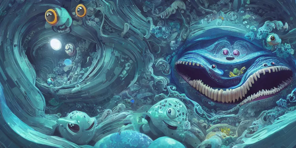 Image similar to of an intricate deep sea with strange cute friendly happy creatures with huge eyes, long tongue, round teeth and goofy funny face, appearing from the background, in the style of gehry and gaudi, macro lens, shallow depth of field, ultra detailed, digital painting, trending artstation, concept art, illustration, cinematic lighting, photorealism, epic, octane render