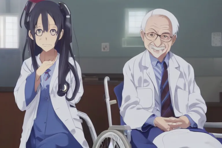 Image similar to a cute young female doctor wearing white coat, an old man of 80 years in a wheelchair, hospital ward, slice of life anime, cinematic, realistic, anime scenery by Naoshi Arakawa:8 and Makoto shinkai