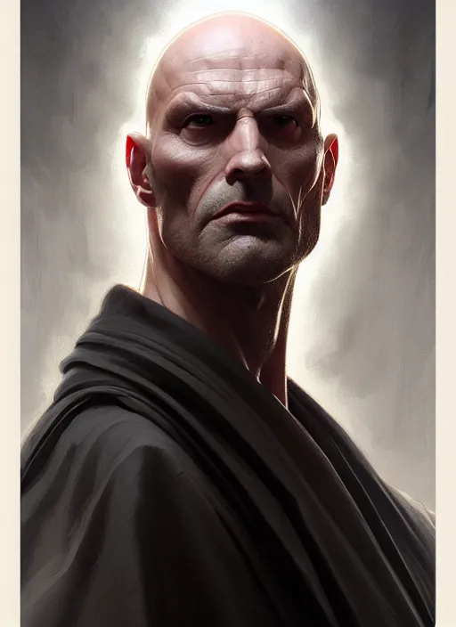 Prompt: Portrait of a man, bald, scarred! Sith, muscular, robes! intricate, elegant, highly detailed, digital painting, artstation, concept art, smooth, sharp focus, illustration, art by artgerm and greg rutkowski and alphonse mucha