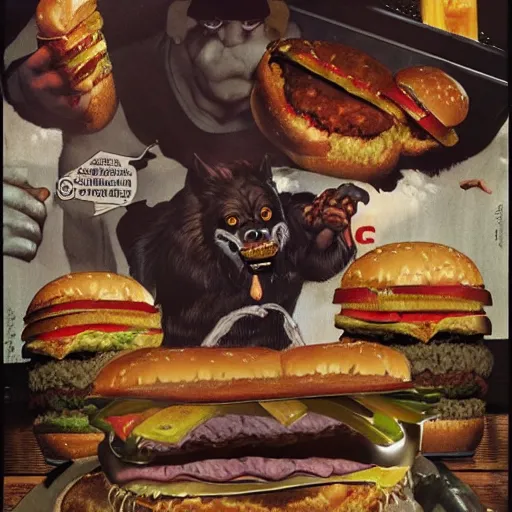 Prompt: coked up werewolf eating a massive big mac hamburger, extra pickles and onions, ultra detailed, style of norman rockwell, style of richard corben, 4 k, rule of thirds.