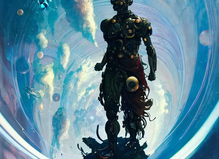 Image similar to joel kinnaman as a warrior surrounded by intergalactic planets connected by streams of magical flow, visually stunning, luxurious, by james jean, jakub rebelka, tran nguyen, peter mohrbacher, yoann lossel, wadim kashin