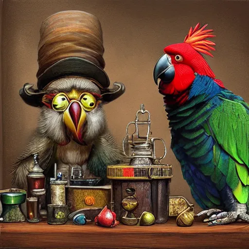 Prompt: Anthropomorphized parrot trader in his shop, selling his wares, portrait, items, items, magic potions, carpet, window, fancy hat, sly expression , cunning expression, cute expression, long thick shiny black beak, presenting wares, holding a bag, D&D, fantasy, cinematic lighting, highly detailed, digital painting, artstation, concept art, smooth, sharp focus, illustration, warm light, cozy warm tint, magic the gathering artwork, volumetric lighting, 8k, art by Akihiko Yoshida, Greg Rutkowski