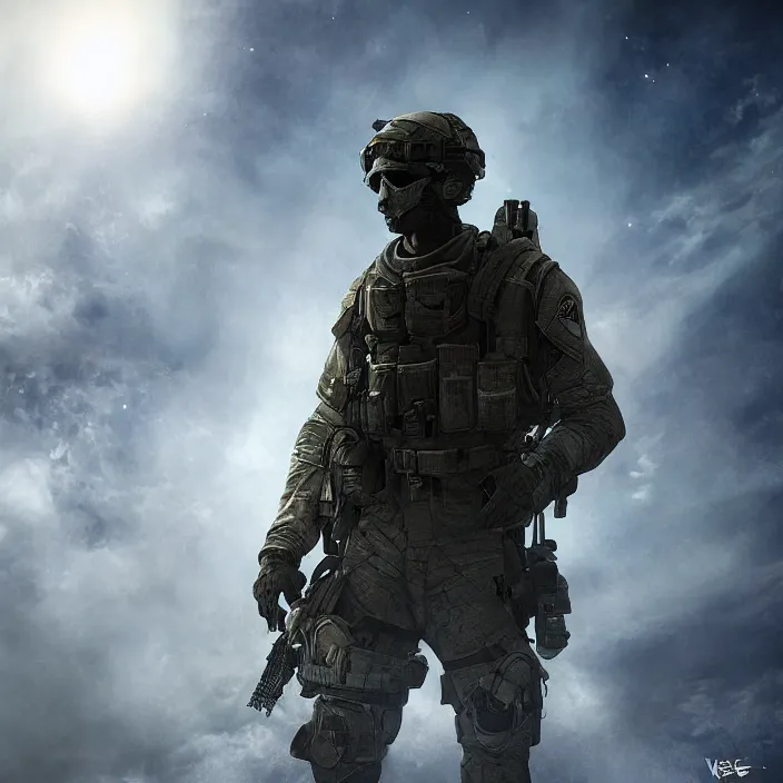 Image similar to call of duty ghost soldier looking out into the vastness of space, digital art