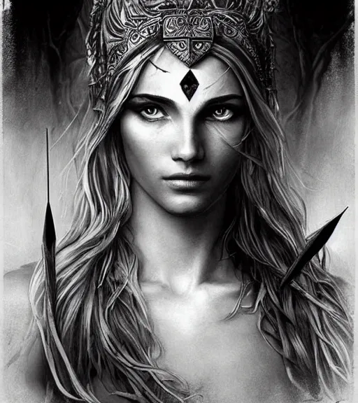 Image similar to beautiful aphrodite goddess wearing an arrow on her head, realistic face, beautiful eyes, black and white drawing, in the style of greg rutkowski, fantasy, amazing detail, epic, intricate, elegant, smooth, sharp focus