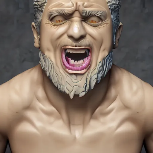 Image similar to a digital 3 / 4 portrait of a crazy eyed greek god yelling, by antonio mello, 3 d nft, nendoroid 3 d, cyberpunk artm, cgsociety, seapunk, anime aesthetic, rendered in maya